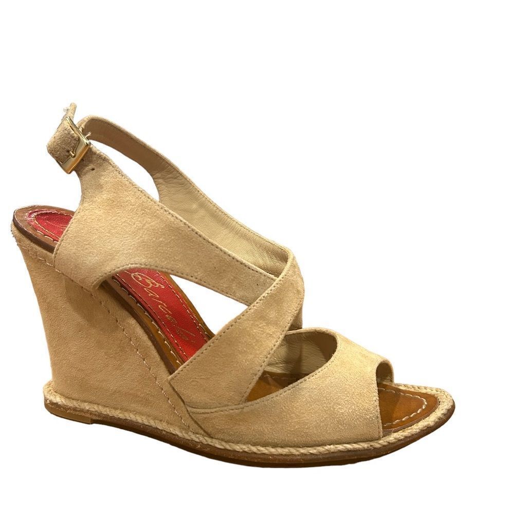 Revolve Paloma Barcelo Rope Detail Tan Suede Crisscross Wedge Round Toe Sandal